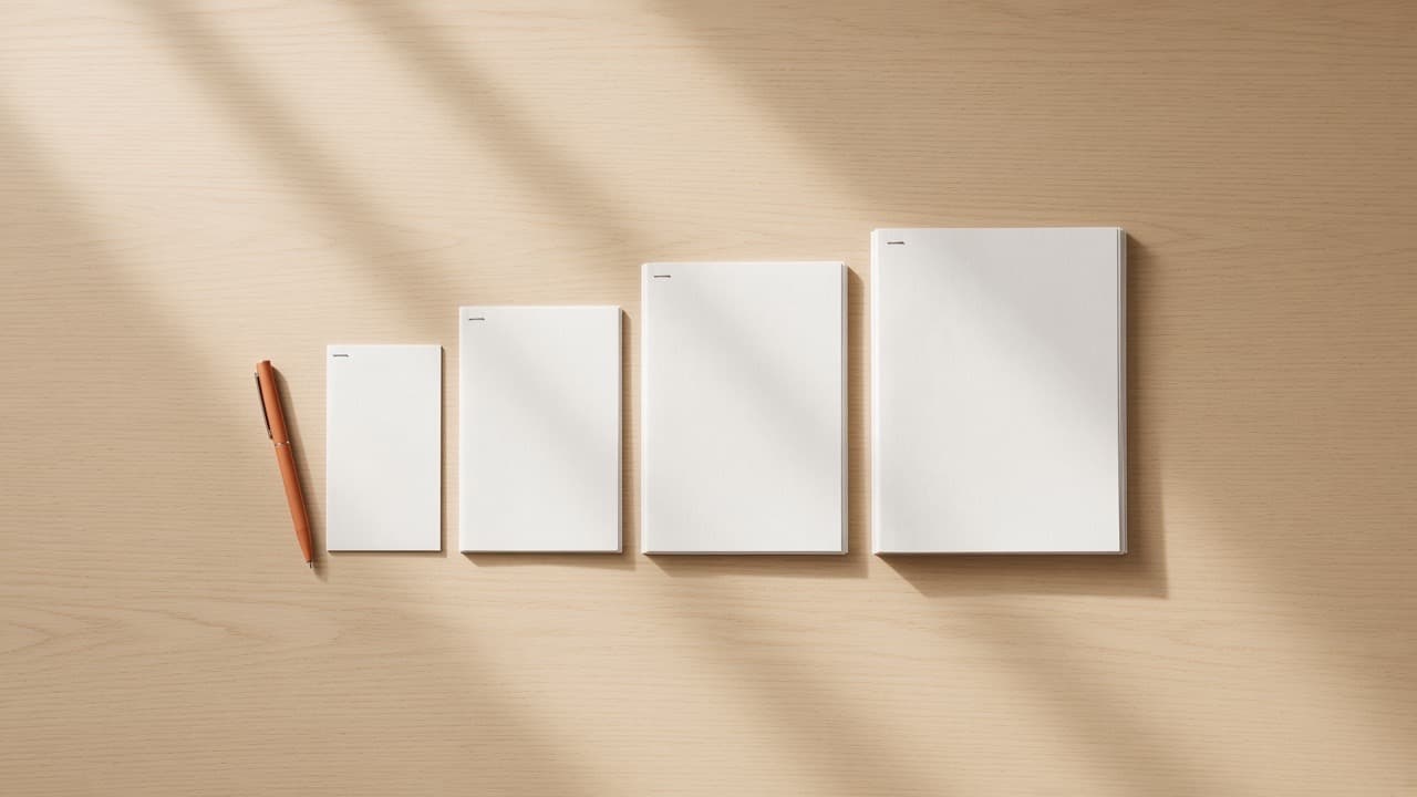 Four blank paper proposals laid out on an oak desk, each progressively thicker than the last, with a single orange pen beside the thinnest one